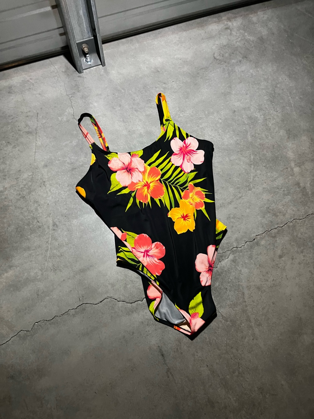 Islander Black One-Piece Swimsuit with Pink & Yellow Tropical Hibiscus